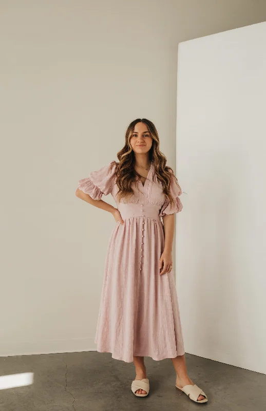 Trendy New Clothes Rose Bubble Sleeve Midi Dress in Blush