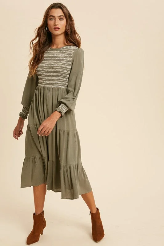 Unleash Your Fashion Jamie Smocked Midi Dress in Moss