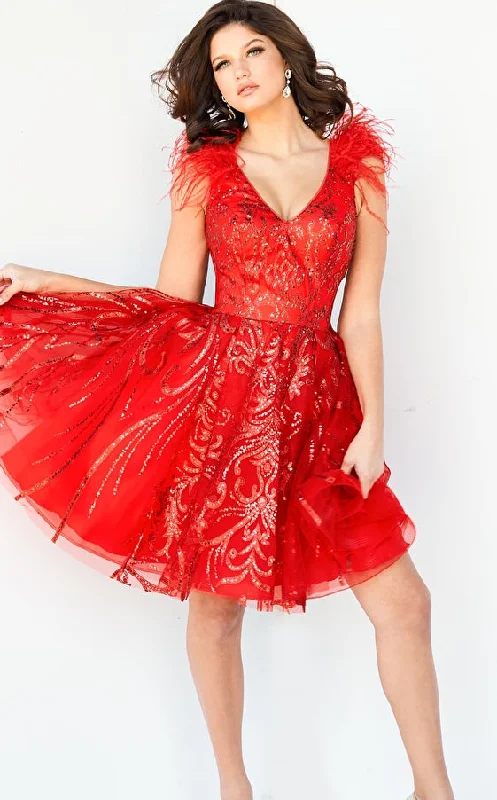 Ends Soon Jovani 09466 Short Fit & Flare Red Feather Cocktail Dress Formal Glitter V Neck Gown