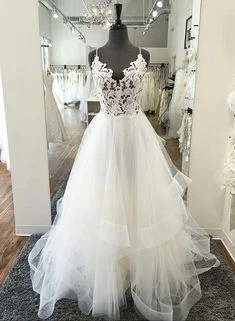 Evening Looks White v neck tulle lace long prom dress, wedding dress  cg6888