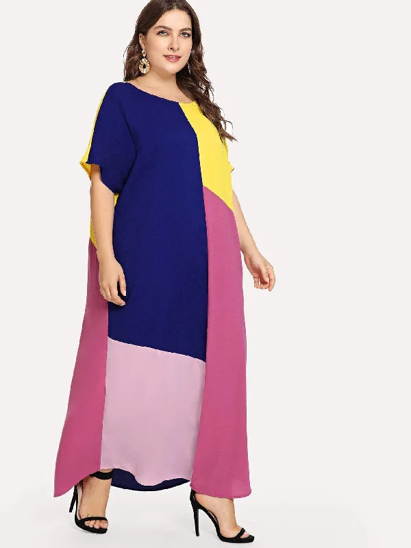 Holiday Sale  Plus Color-block Batwing Sleeve Maxi Dress