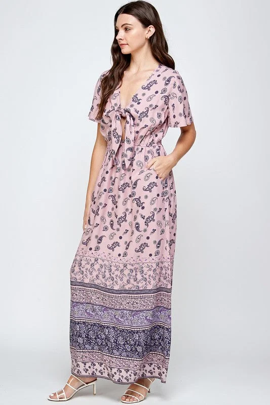 Trendy Clothing Sale Tie Front Border Print Maxi Dress