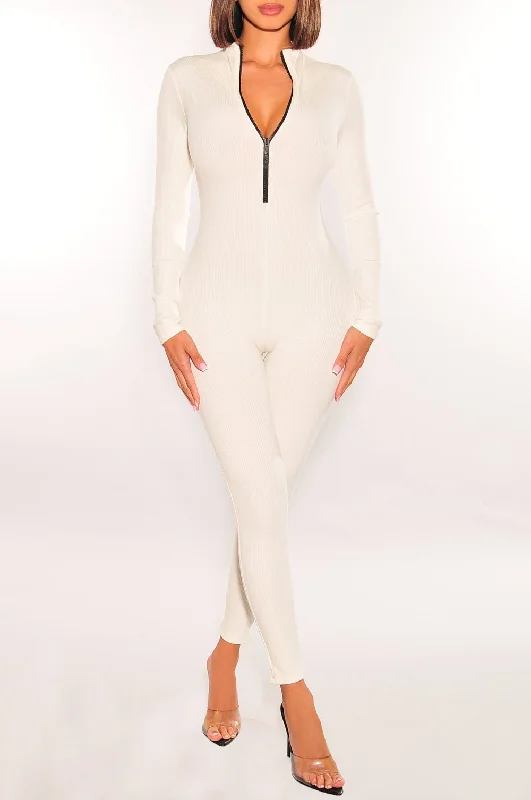 Unleash Your Trendy Side White Ribbed Zipper Long Sleeve Jumpsuit