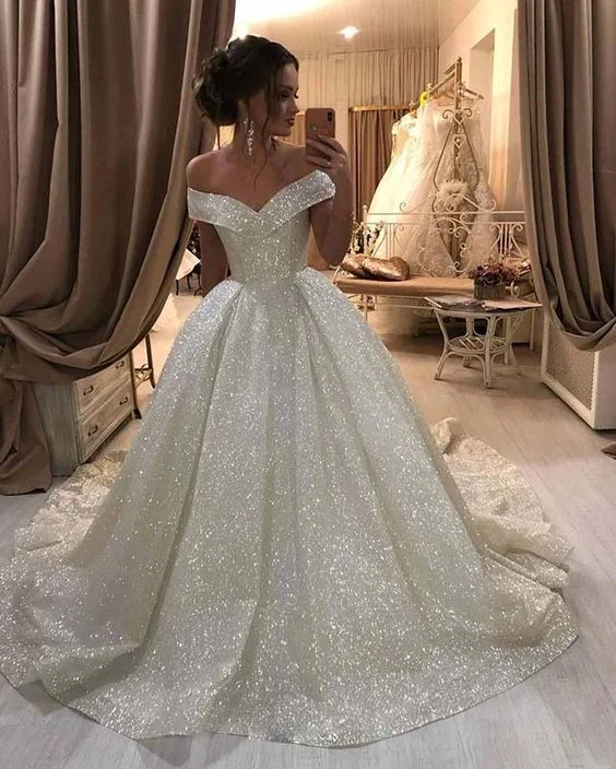 Score Big On Glamorous Red - Carpet Styles Sparkly Bling Bling Sequins Ball Gowns Wedding Dresses Off Shoulder      cg25139