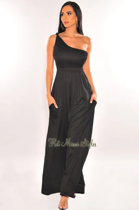 Chic Style, Always In Vogue Black One Shoulder Sleeveless Palazzo Jumpsuit