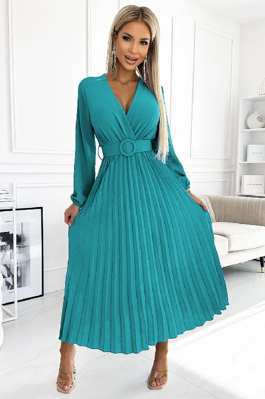 Coastal Beach - Inspired Style Numoco Basic 504-6 VIVIANA Pleated midi dress with a neckline, long sleeves and a wide belt - sea color