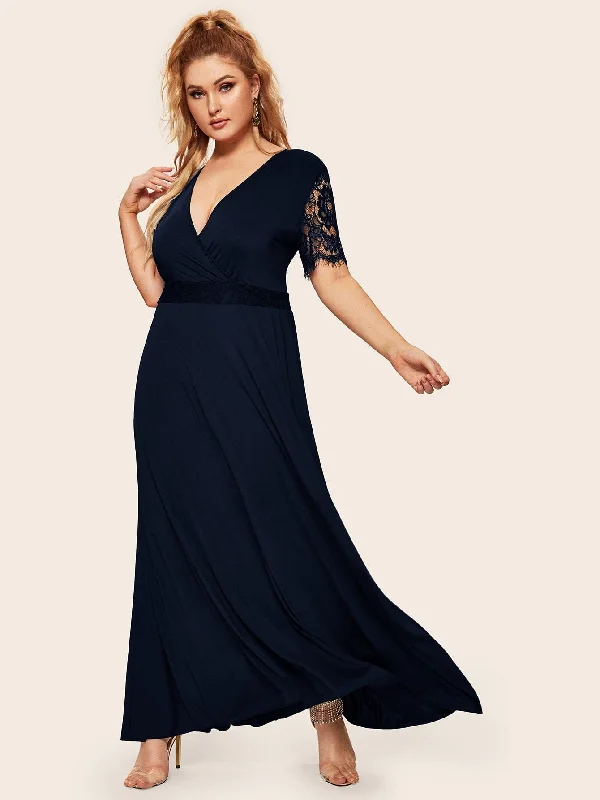 Now On Sale For Chic Urban Styles Plus Deep V-Neck Contrast Lace Sleeve Surplice Maxi Dress