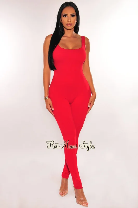 Snag Fabulous Fashion Bargains HMS Essential: Red Spaghetti Strap Open Back Perfect Fit Jumpsuit