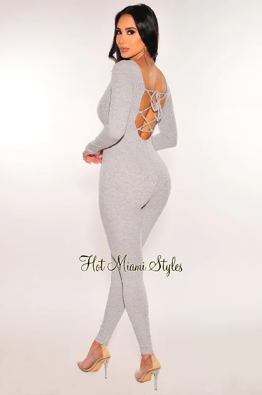 Casual Yet Stylish Separates Light Gray Ribbed Round Neck Lace Up Long Sleeve Jumpsuit