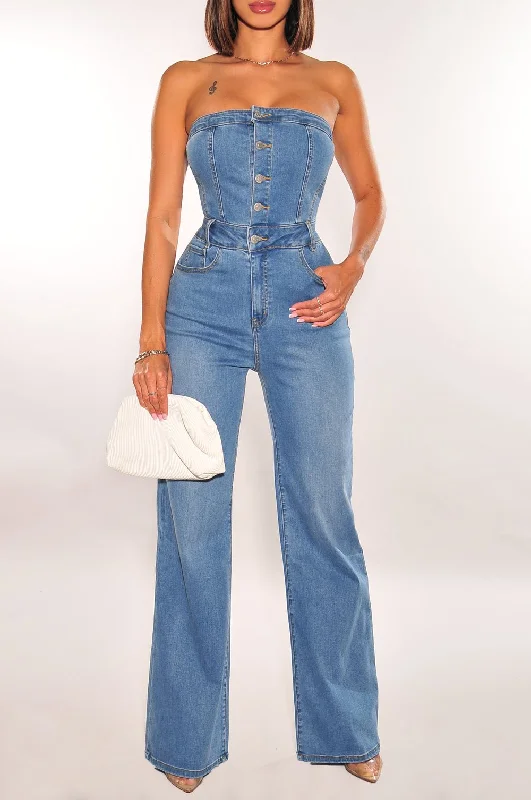 High End Designer Brands Discount Denim Strapless Button Up Flared Leg Jumpsuit