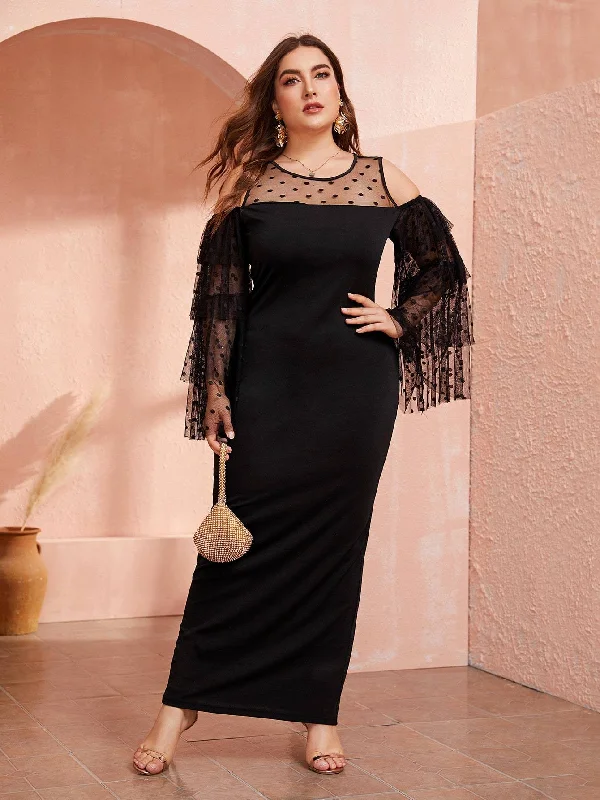 Mid Season Sale  Plus Cold Shoulder Layered Dobby Mesh Sleeve Maxi Dress