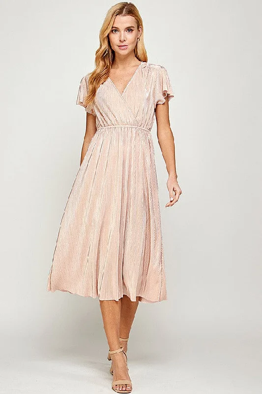 Flash Sale Now Abigail V-Neck MIDI Dress in Golden Pink