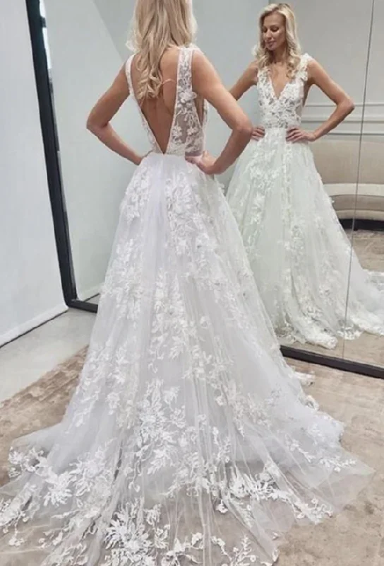 Catch Every Fashion Trend V Neck and V Back White Lace Long Wedding Dress, Long White Lace Prom Dress, White Formal Evening Dress   cg17352