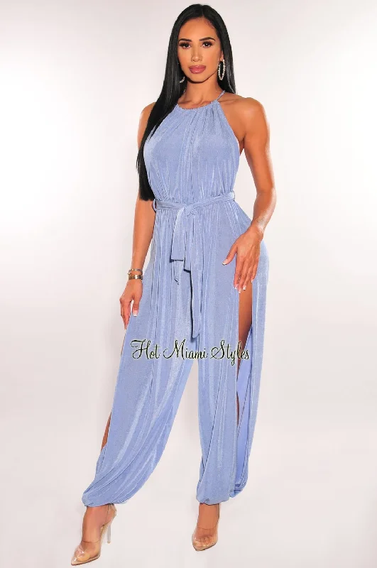 Season Appropriate Women's Collection Periwinkle Shimmery Slit Hem Belted Harem Jumpsuit