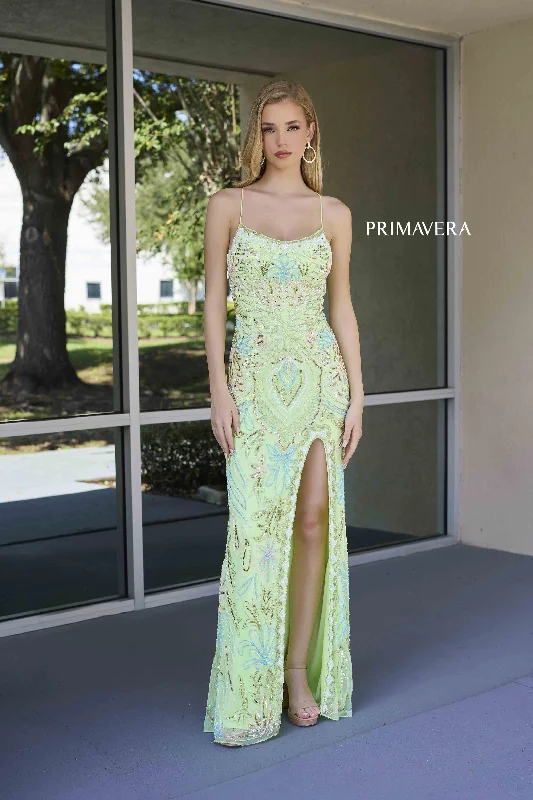 Spring Wardrobe Primavera Couture 4156 Size 0 Apple Green Long Prom Dress Scoop Neck Fitted Sequin Lace Up Back High Slit Formal Pageant Gown