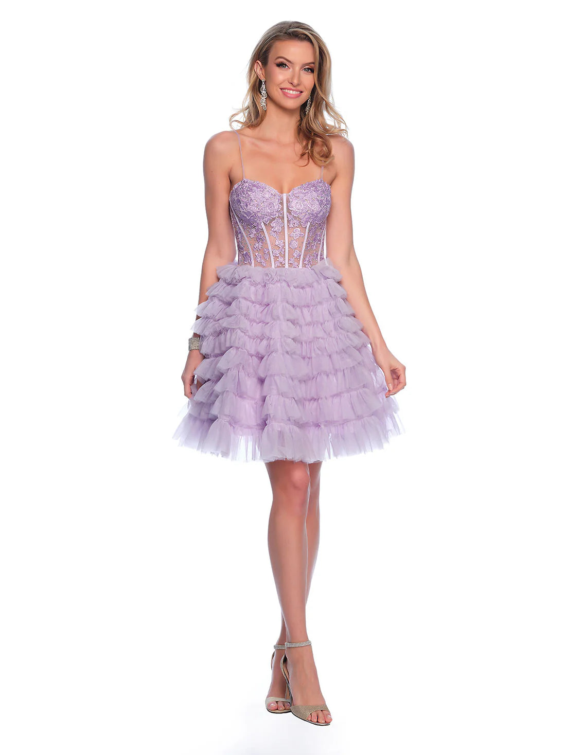 Seasonal Picks Dave & Johnny 11766 Size 8 Lilac Layer Ruffle A Line Homecoming Dress Sheer Lace Corset Cocktail Gown