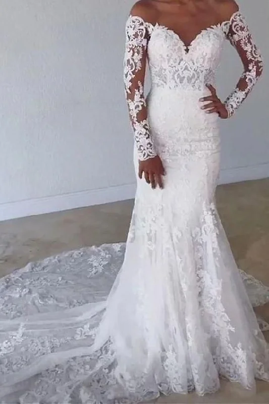 Effortless Style, Endless Impact White Off the shoulder Appliques Lace Long Sleeves Wedding Dress with Train Prom Dress    cg16581