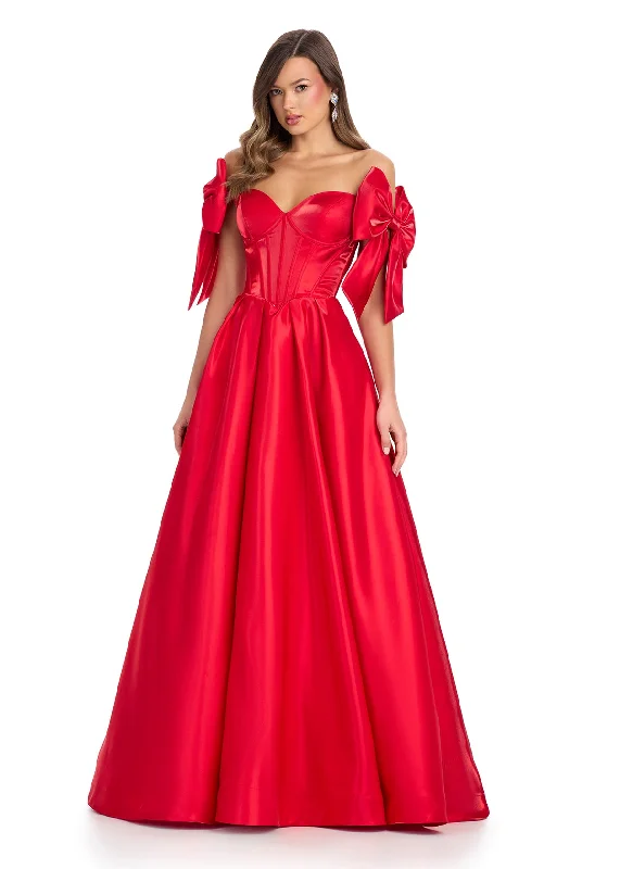 Low Price Special Ashley Lauren 11871 Size 8 Red Long Bow off the shoulder Dress Corset A Line Pageant Gown Pockets