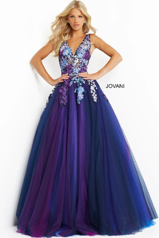 Don't Miss Out Jovani 06807 Navy Multi Long Prom Dress Ballgown Embroidered Flowers Tulle Skirt