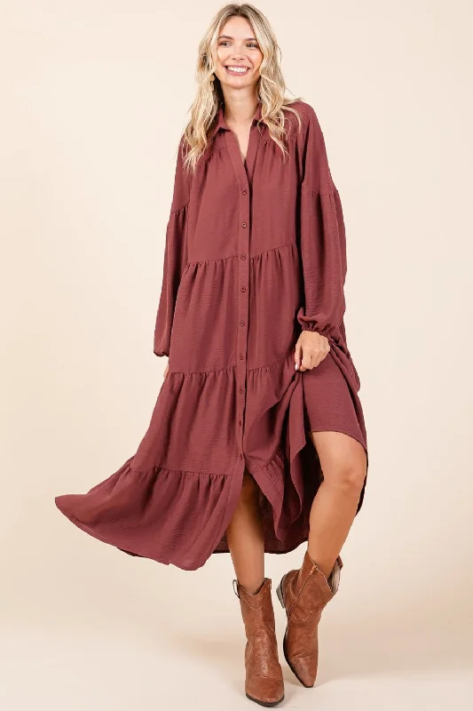 Eco Friendly Fashion Sale Mittoshop Tiered Button Down Long Sleeve Midi Dress