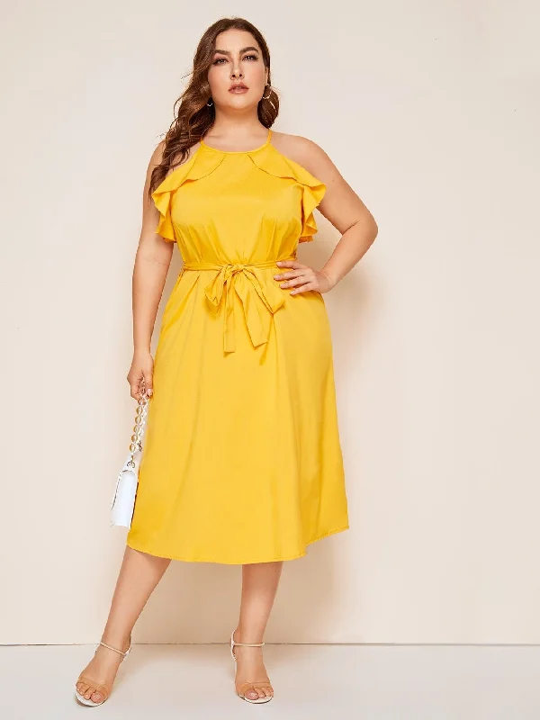 Daily Deals Plus Ruffle Trim Sleeveless Belted Midi Dress