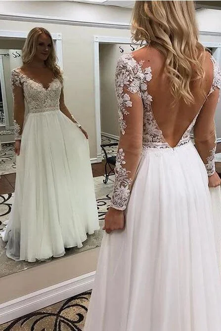 Mega Sales A Line Long Sleeves Lace Appliqued V Back Beach Wedding Dresses