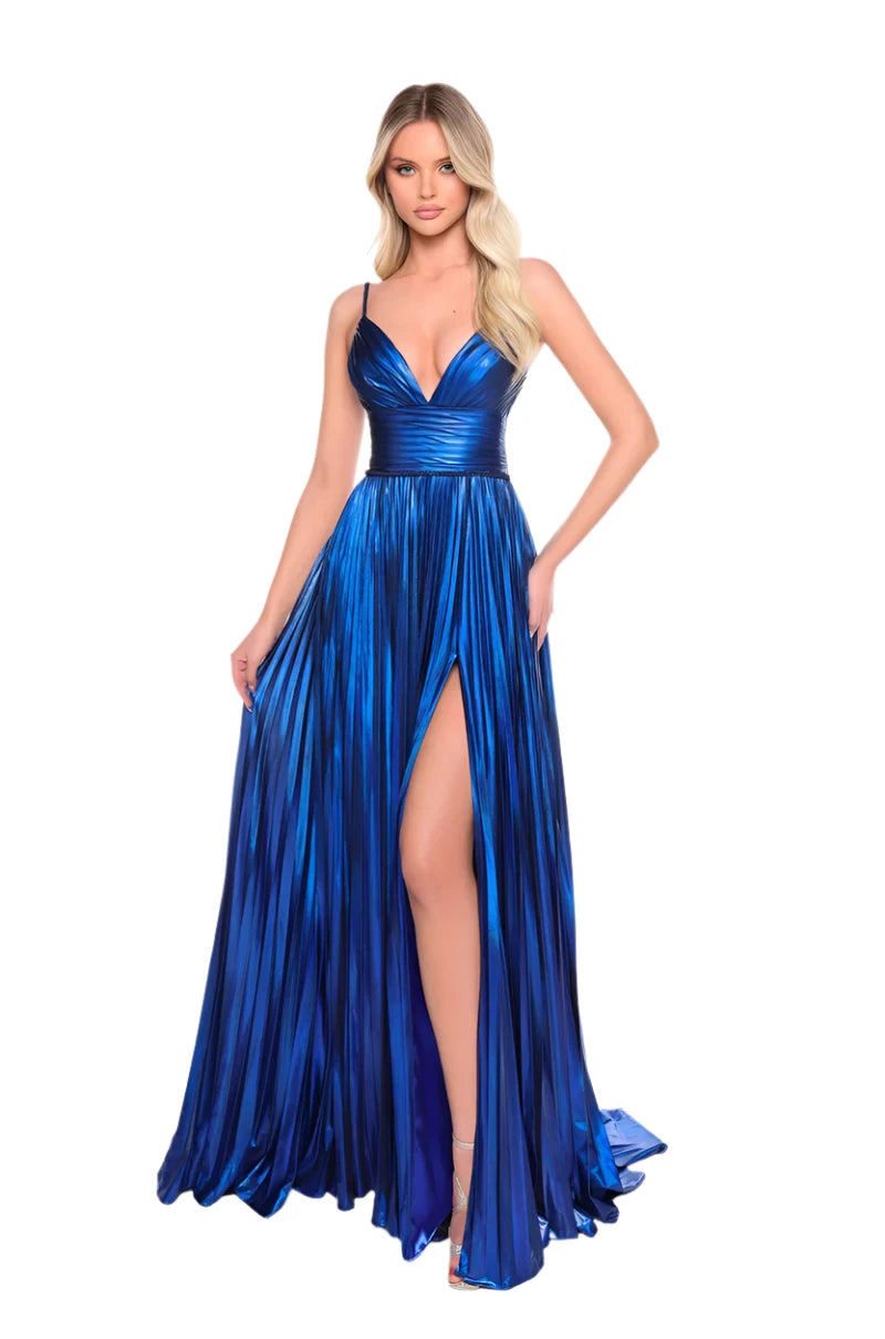 Trend Alert Amarra 88096 Size 12 Blue Long Metallic Pleated Prom Dress maxi Slit Corset V Neck Formal Evening Gown