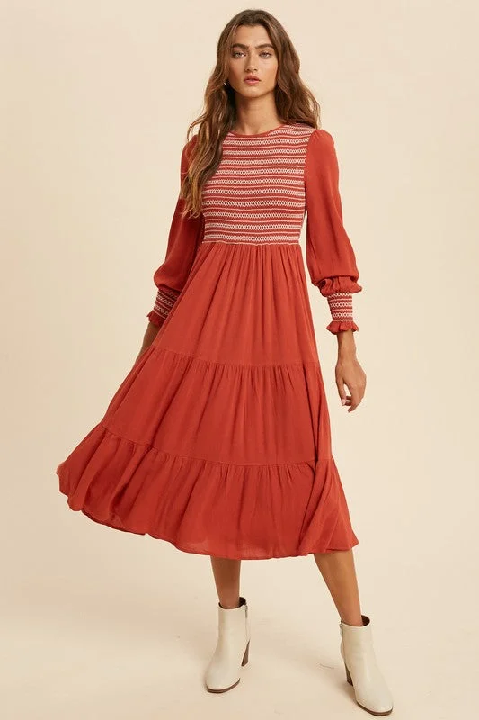 Style Streetwear Jamie Smocked Midi Dress in Brick