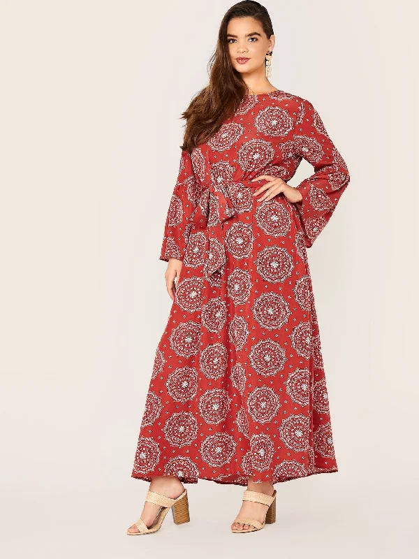 Score Big On Glamorous Red - Carpet Styles  Plus Bell Sleeve Tribal Print Belted Maxi Dress