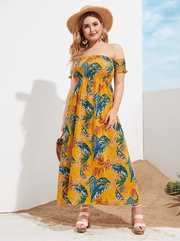 Flash Sale Plus Tropical Print Shirred Off Shoulder Maxi Dress