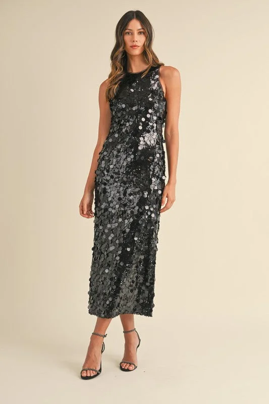 Redefining Women's Fashion Here For The Thrill Black Sequin Midi Dress