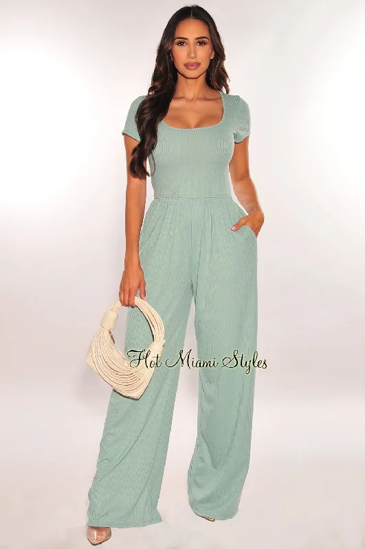 Hot Deals Teal Ribbed Short Sleeve Wide Leg Jumpsuit