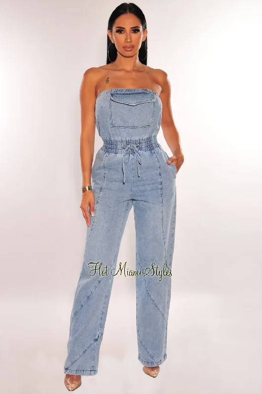 Odd Size Clearance Sale Denim Strapless Drawstring Wide Leg Jumpsuit