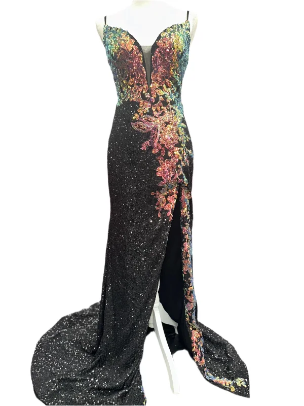 Score Big On Glamorous Red - Carpet Styles Nina Canacci 6634 Size 4 Black Fitted Slit Prom Dress Multi Sequins sheer back Formal Evening Gown