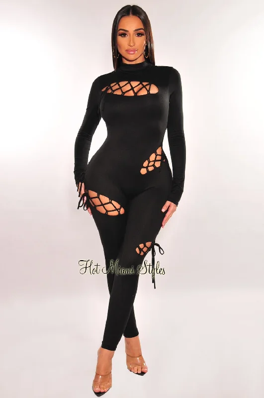 Signature Style Essentials Black Mock Neck Cut Out Lace Up Long Sleeve Jumpsuit