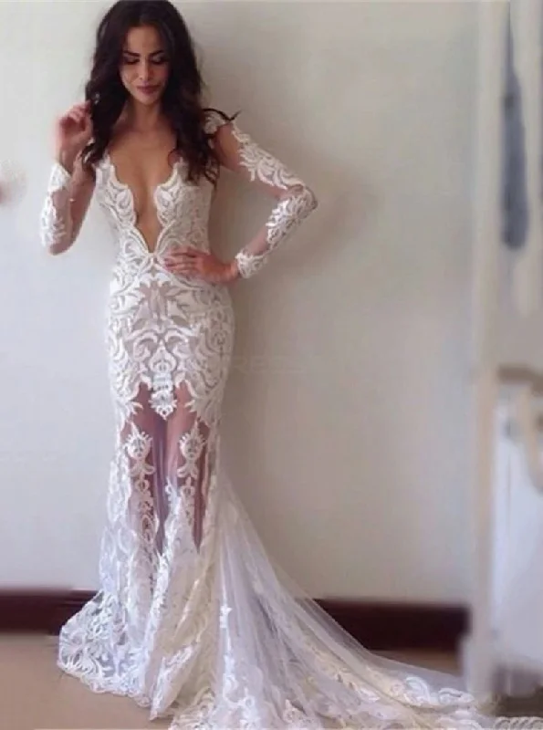 Trendy Attire For Her Sexy V Neck Lace Appliques Wedding Dresses Long Sleeve Mermaid Gown OW686