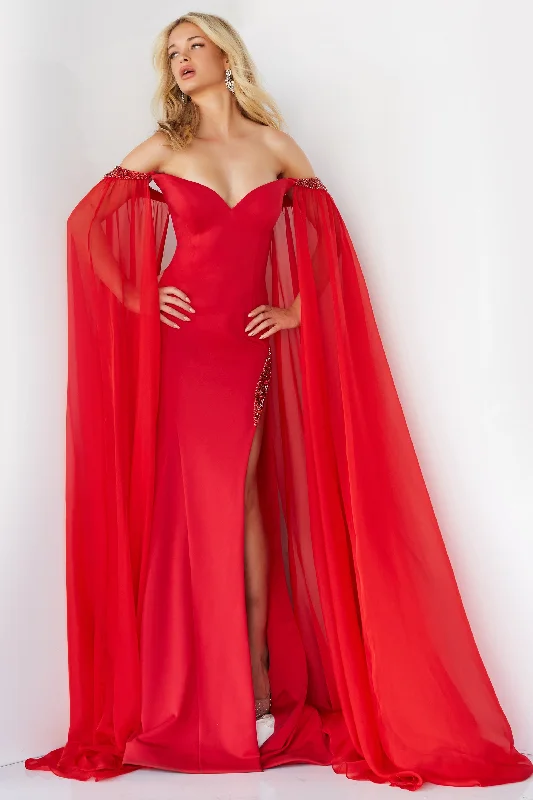 Cool Prices Jovani 07652 Size 8 Red Prom Dress Cape Sleeves Pageant Gown Off the Shoulder Sweetheart Neckline Slit