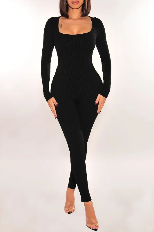 Vintage Inspired Fashion Sale Black Ribbed Long Sleeve Rounded Square Neck Jumpsuit