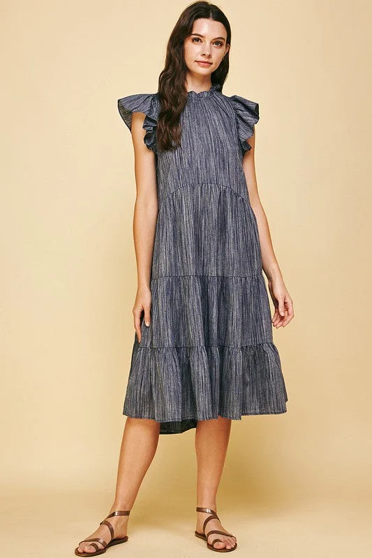 Season Appropriate Women's Collection Penelope Tiered Denim Stripe Midi Dress