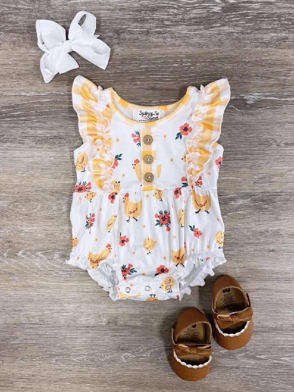 Exclusive Discount One Cute Chick Yellow Ruffle Baby Girl Bubble Romper