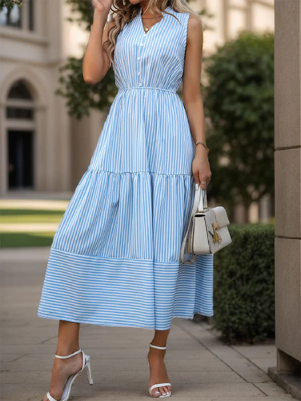 Hot Picks Striped Notched Sleeveless Midi Dress