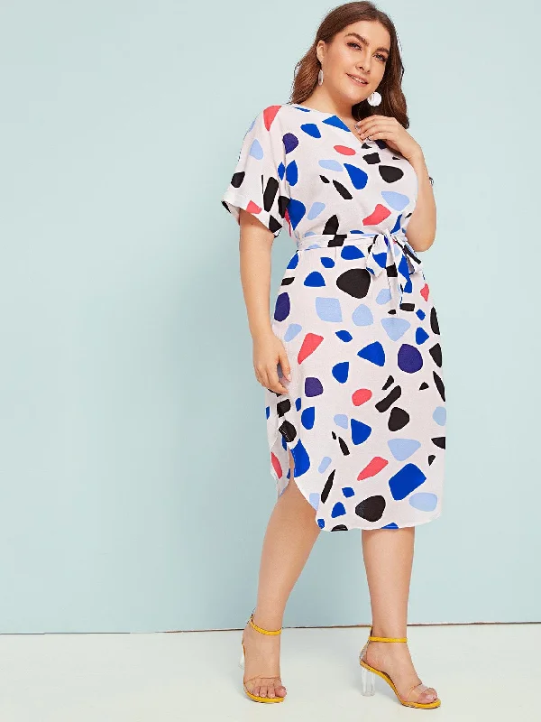 Limited Edition Plus Confetti Print Belted Curved Hem Midi Dress