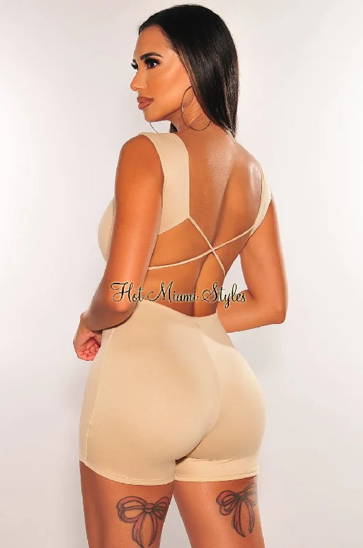 Limited Stock, Big Sale HMS Essential: Nude Sleeveless Criss Cross Open Back Romper