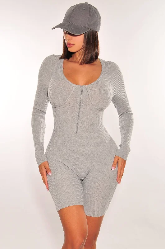 Comfortable Chic HMS Essential: Gray Ribbed Knit Faux Bustier Zipper Long Sleeves Romper