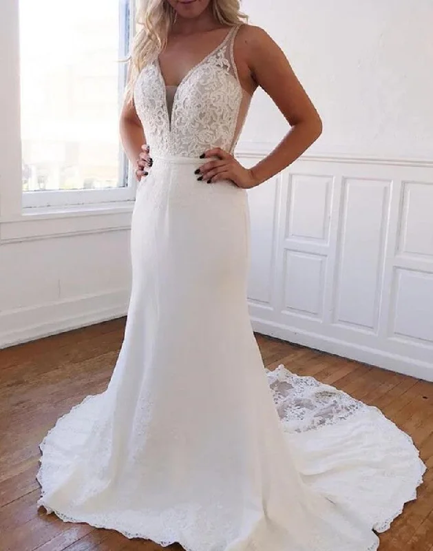 Odd Size Clearance Sale Women Lace Appliques Wedding Dresses Long V-Neck Bridal Gowns YWD100