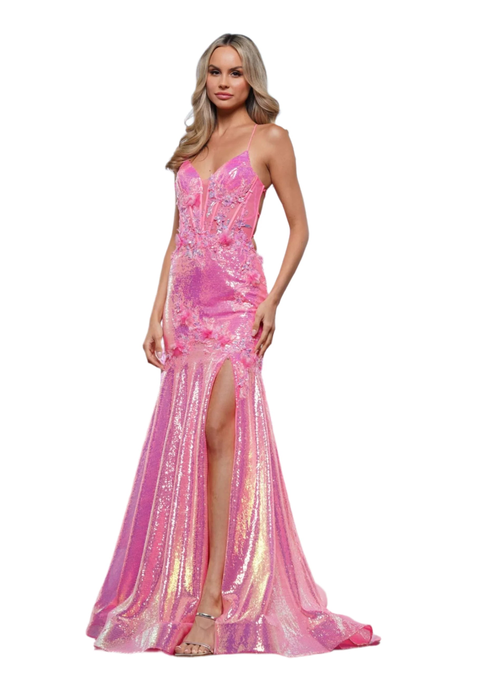 Save On Inspired Styles Colors Dress 3540 Size 12 Hot Pink Sheer Sequin Mermaid Corset Prom Dress Slit Pageant Gown Backless