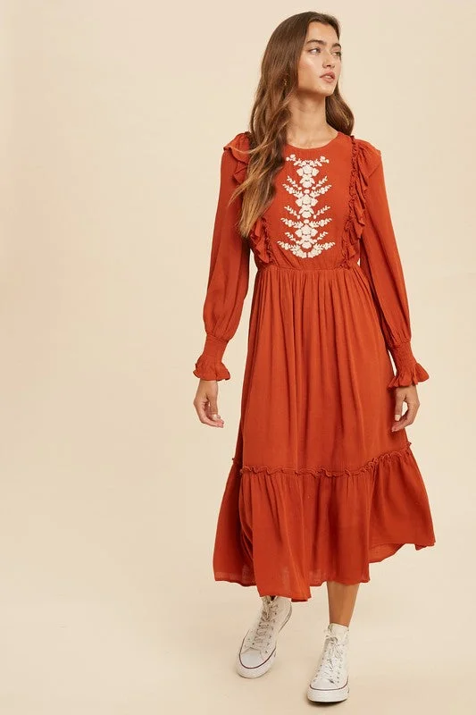 Dive Into Trendy Styles Mariah Embroidered Midi Dress in Brick