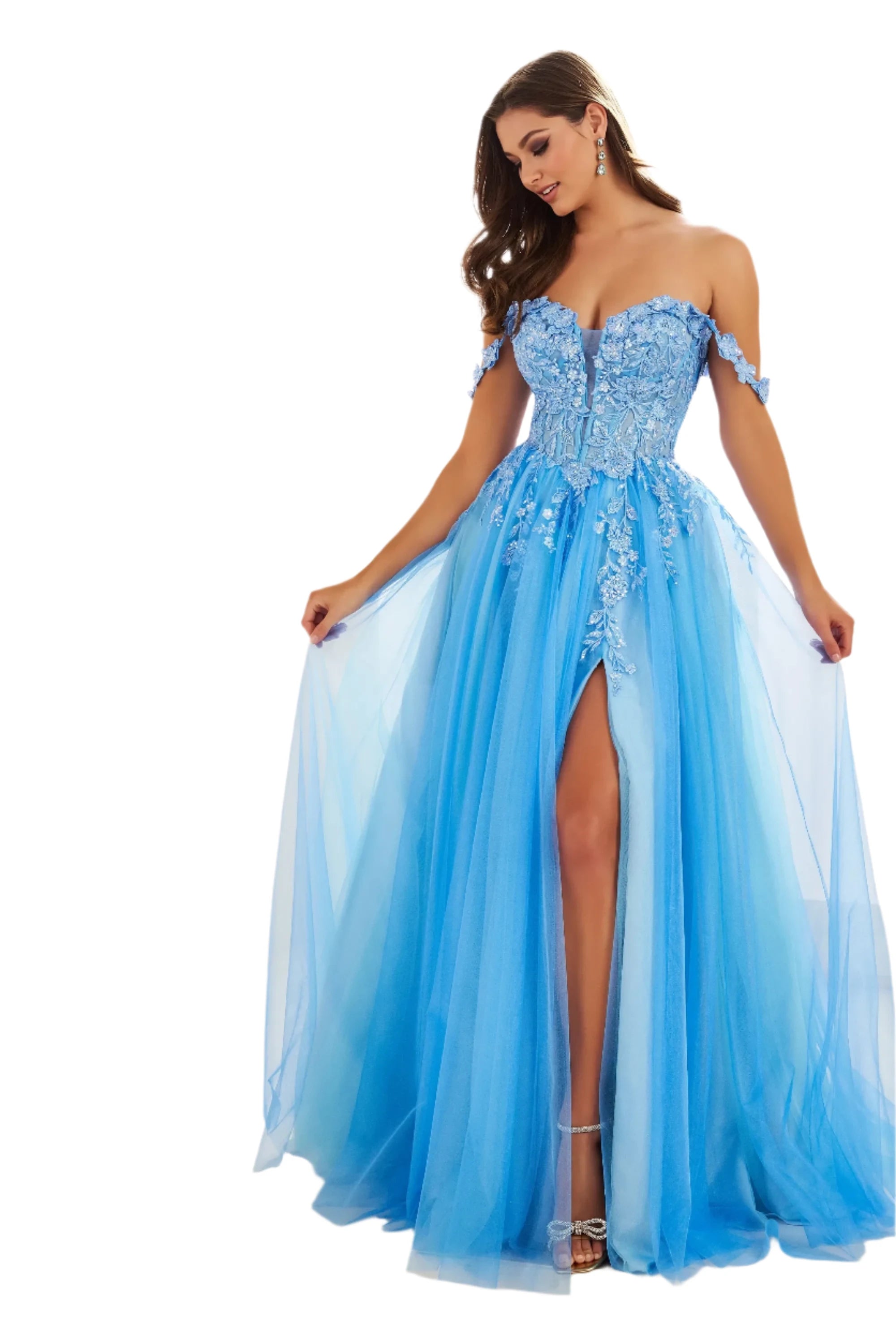 Hollywood Glam Award - Show Style Ellie Wilde EW36214 Size 0,10 Blue Long Maxi Slit Prom Dress Sheer Laced Corset off the shoulder Formal Gown