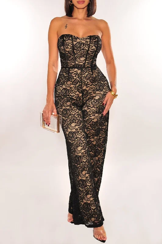 Best Deals Of The Season Black Nude Lace Strapless Boned Palazzo Jumpsuit