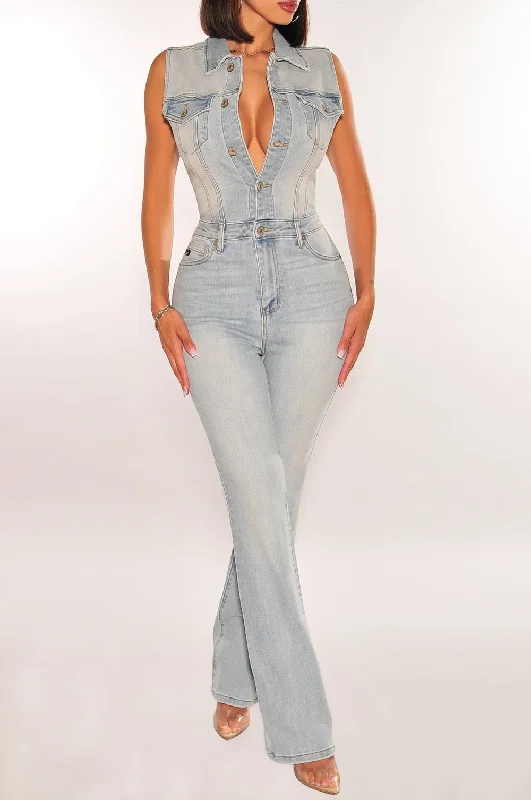 Exquisite Women's Wear Sale Denim Sleeveless Collared Button Up Jumpsuit